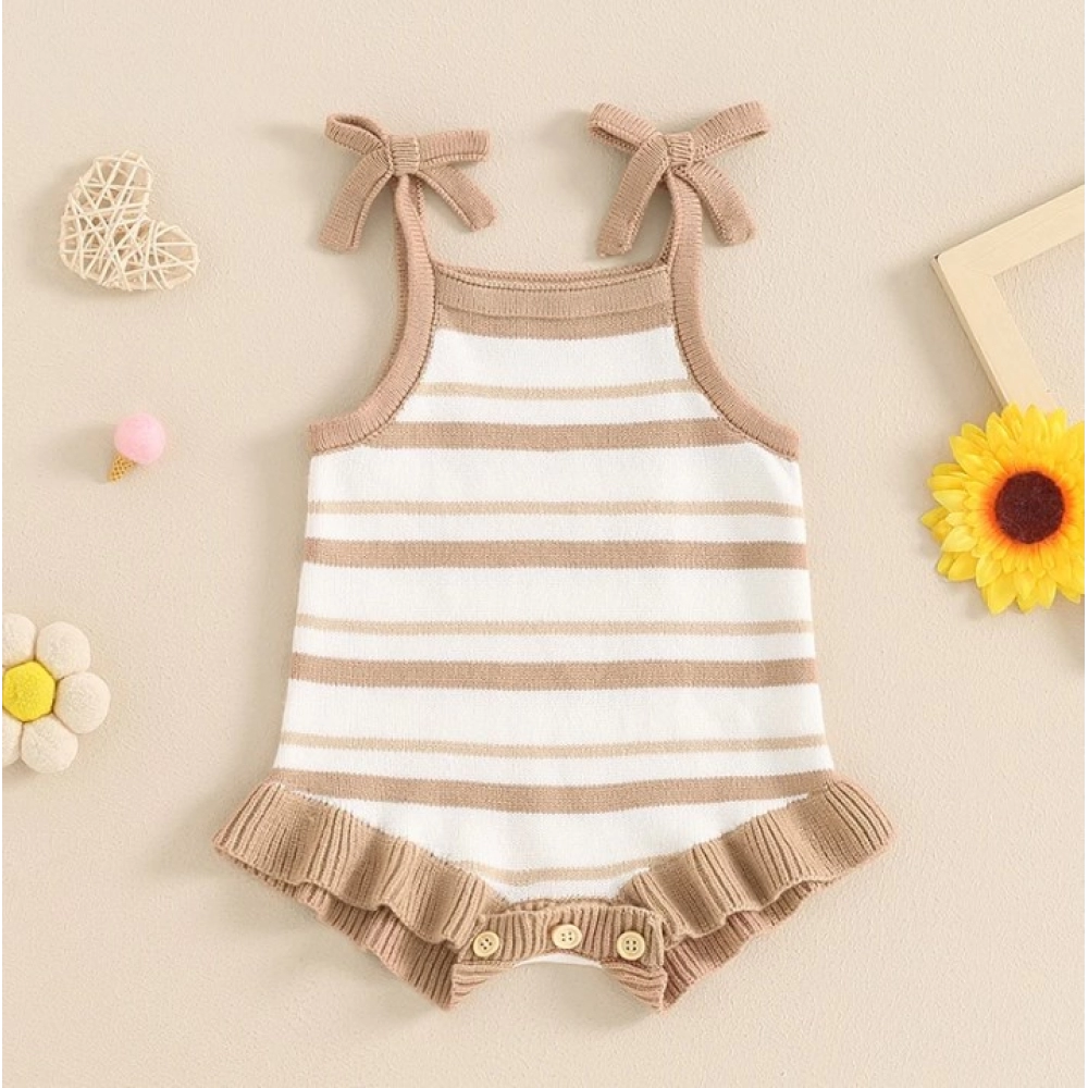 Lovely Baby Girls Boys Summer Cute Romper Sleeveless Bow Strap Ruffle Striped Ribbed Jumpsuits Playsuit