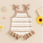 Lovely Baby Girls Boys Summer Cute Romper Sleeveless Bow Strap Ruffle Striped Ribbed Jumpsuits Playsuit