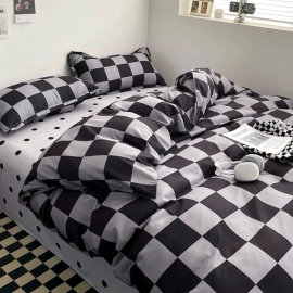 Black and Grey Plaid Duvet Cover Set Reversible Geometric Grid Bedding Soft Comforter Cover for Boys Teens Adults Bedroom Decor