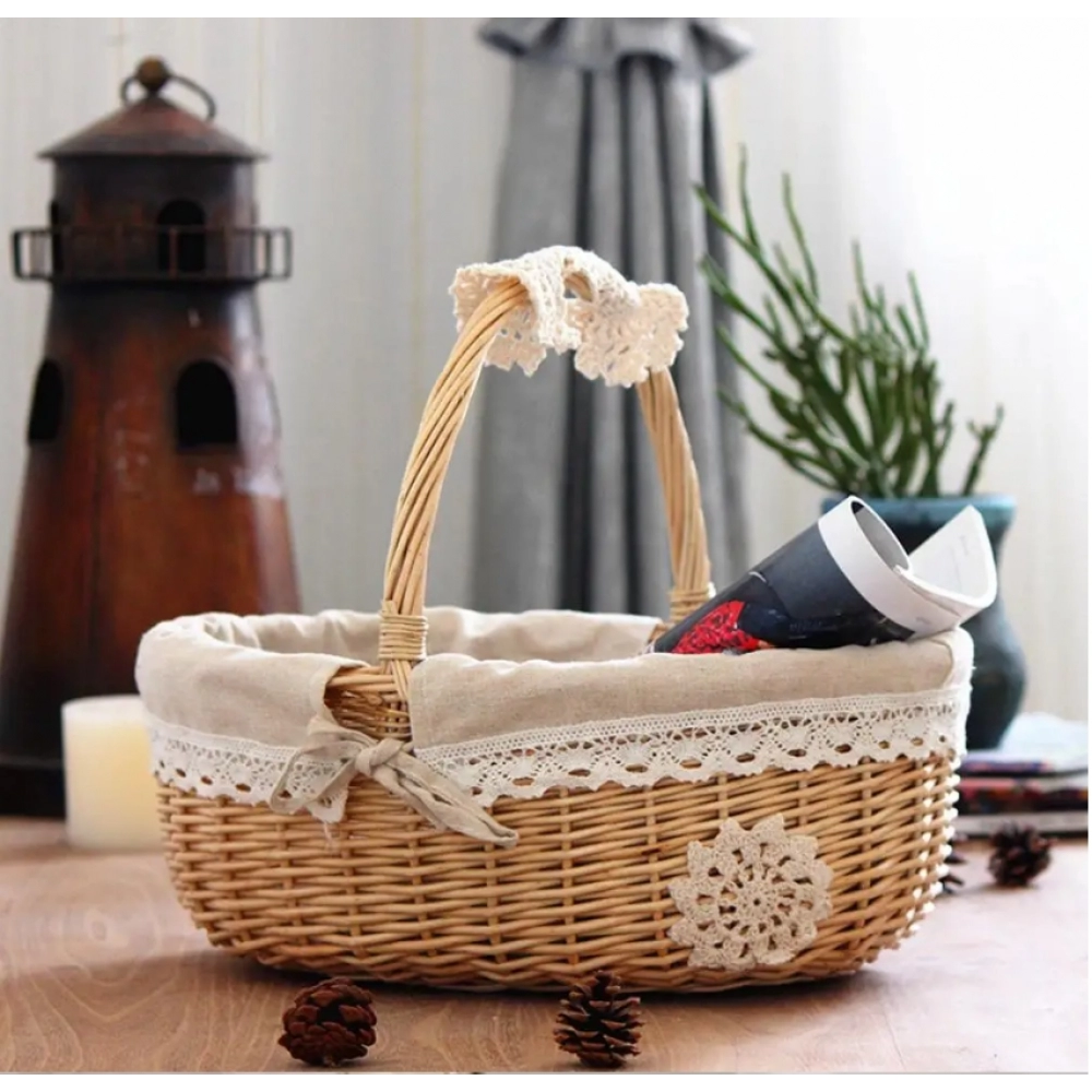 Rattan Picnic Basket Seaweed Wicker Rattan Hanging Flower Hand Woven Serving Basket With Handle Picnic Fruit Flower Basket