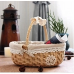 Rattan Picnic Basket Seaweed Wicker Rattan Hanging Flower Hand Woven Serving Basket With Handle Picnic Fruit Flower Basket