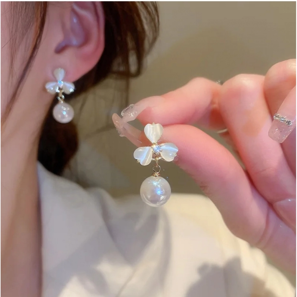 S925 Silver Needle Opal Clover Pearl Earrings For Women Exquisite Shining Crystal Stud Earring Cat Eye Stone Earring
