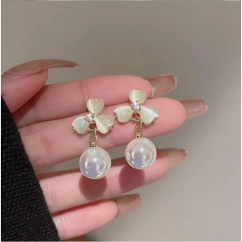 S925 Silver Needle Opal Clover Pearl Earrings For Women Exquisite Shining Crystal Stud Earring Cat Eye Stone Earring