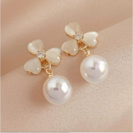 S925 Silver Needle Opal Clover Pearl Earrings For Women Exquisite Shining Crystal Stud Earring Cat Eye Stone Earring
